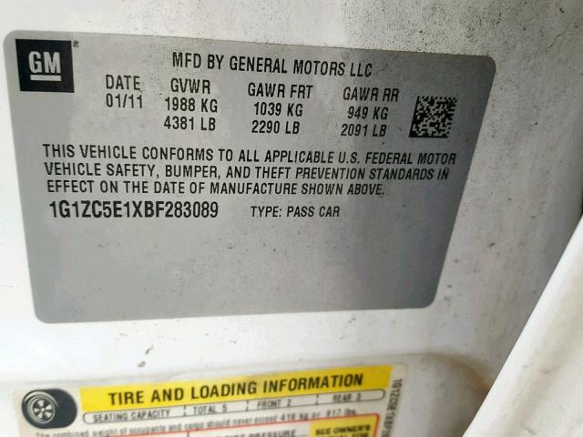 1G1ZC5E1XBF283089 - 2011 CHEVROLET MALIBU 1LT WHITE photo 10