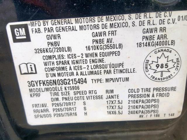 3GYFK66N03G215494 - 2003 CADILLAC ESCALADE E BLACK photo 10