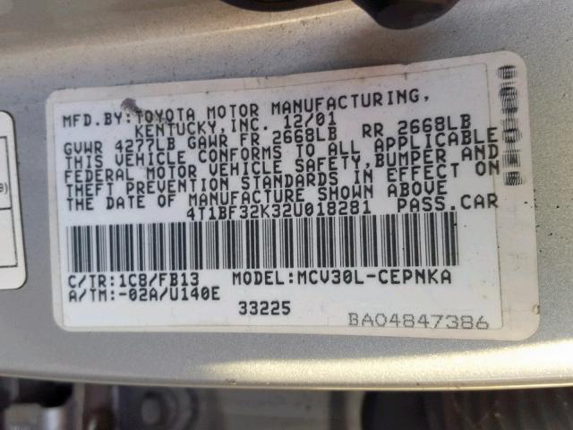 4T1BF32K32U018281 - 2002 TOYOTA CAMRY LE SILVER photo 10