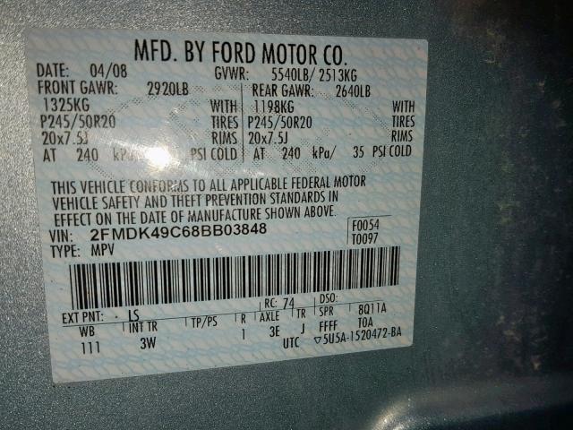 2FMDK49C68BB03848 - 2008 FORD EDGE LIMIT BLUE photo 10