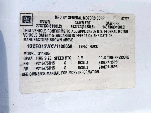 1GCEG15WXV1108650 - 1997 CHEVROLET EXPRESS G1 WHITE photo 10