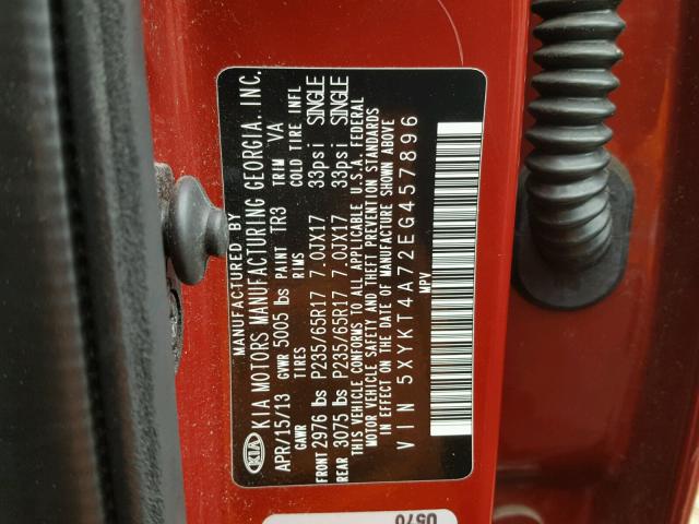 5XYKT4A72EG457896 - 2014 KIA SORENTO LX RED photo 10