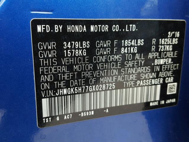 JHMGK5H77GX028725 - 2016 HONDA FIT EX BLUE photo 10