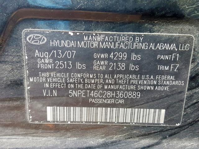 5NPET46C28H360889 - 2008 HYUNDAI SONATA GLS BLACK photo 10