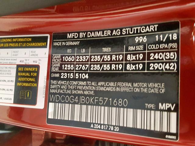 WDC0G4JB0KF571680 - 2019 MERCEDES-BENZ GLC 300 RED photo 10