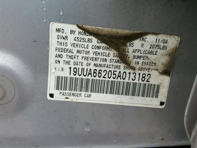 19UUA66205A013182 - 2005 ACURA TL SILVER photo 10