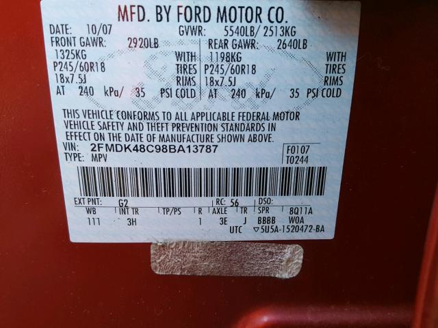 2FMDK48C98BA13787 - 2008 FORD EDGE SEL BURGUNDY photo 10