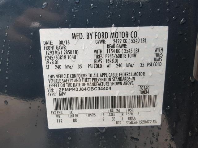 2FMPK3J84GBC34404 - 2016 FORD EDGE SEL BLUE photo 10