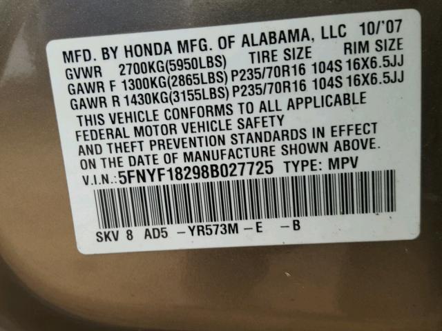 5FNYF18298B027725 - 2008 HONDA PILOT VP BROWN photo 10