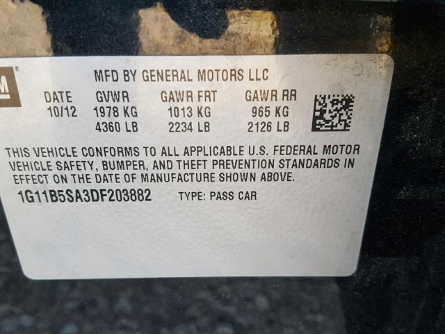 1G11B5SA3DF203882 - 2013 CHEVROLET MALIBU LS Сұр фото 10