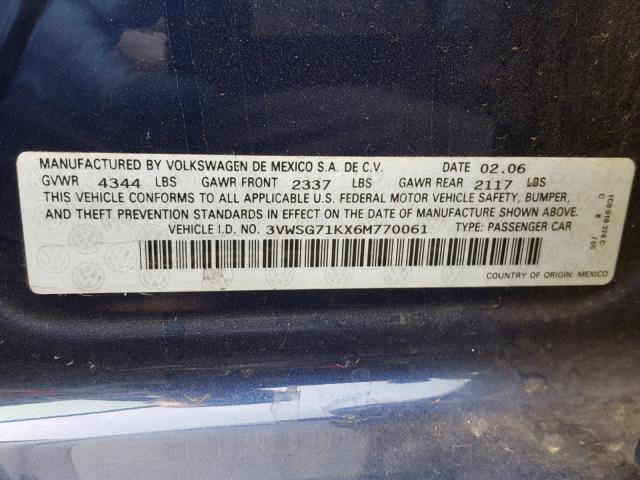 3VWSG71KX6M770061 - 2006 VOLKSWAGEN JETTA 2.5 BLUE photo 10