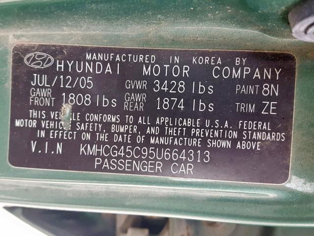 KMHCG45C95U664313 - 2005 HYUNDAI ACCENT GL GREEN photo 10