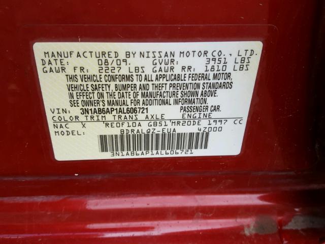 3N1AB6AP1AL606721 - 2010 NISSAN SENTRA 2.0 RED photo 10