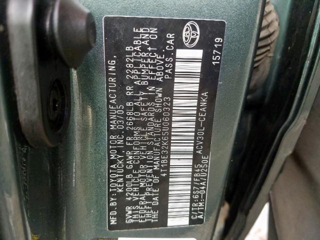 4T1BE32K65U060323 - 2005 TOYOTA CAMRY LE GREEN photo 10