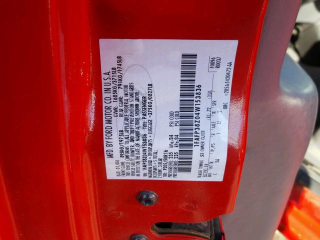 1FAFP38Z04W153836 - 2004 FORD FOCUS ZTS RED photo 10