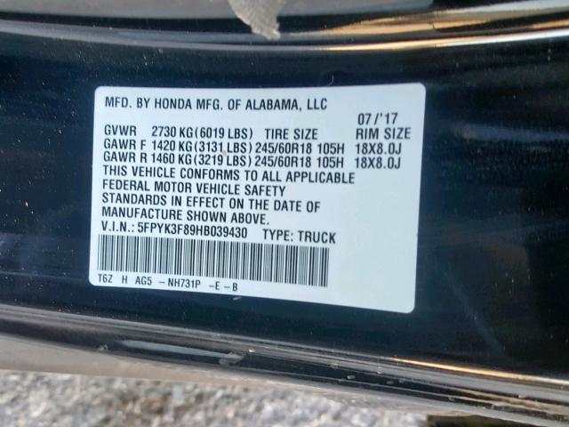 5FPYK3F89HB039430 - 2017 HONDA RIDGELINE BLACK photo 10