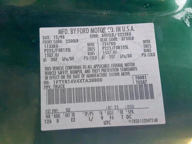 1FTYR14V4XTA38800 - 1999 FORD RANGER SUP GREEN photo 10