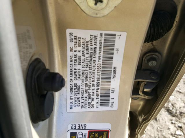 1HGFA16918L072663 - 2008 HONDA CIVIC EXL GOLD photo 10