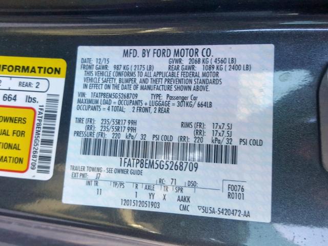 1FATP8EM5G5268709 - 2016 FORD MUSTANG CHARCOAL photo 10