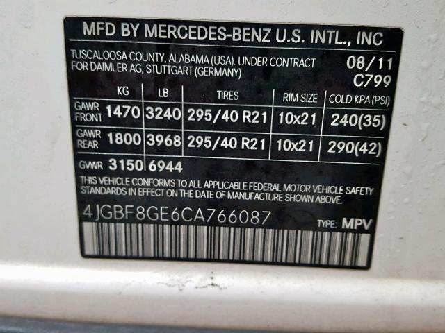 4JGBF8GE6CA766087 - 2012 MERCEDES-BENZ GL 550 4MA WHITE photo 10