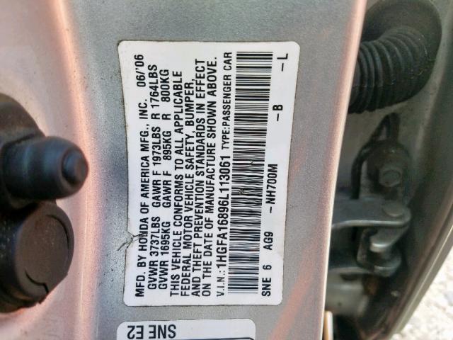 1HGFA16896L113061 - 2006 HONDA CIVIC EX SILVER photo 10