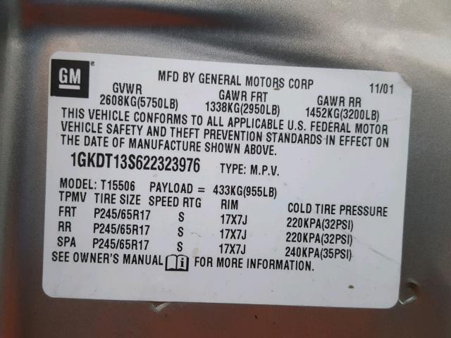 1GKDT13S622323976 - 2002 GMC ENVOY GOLD photo 10