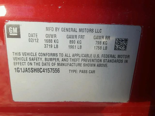 1G1JA5SH8C4157556 - 2012 CHEVROLET SONIC LS 栗色 照片 10