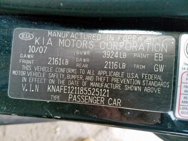 KNAFE121185525121 - 2008 KIA SPECTRA EX BLACK photo 10