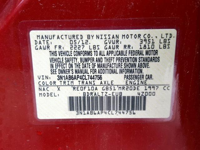 3N1AB6AP4CL744756 - 2012 NISSAN SENTRA 2.0 RED photo 10