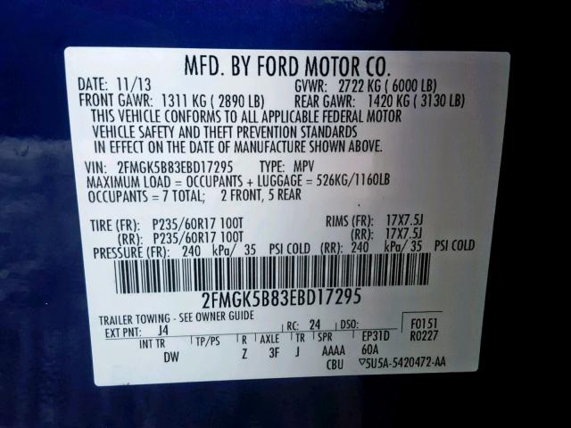 2FMGK5B83EBD17295 - 2014 FORD FLEX SE BLUE photo 10