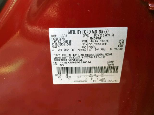 1FM5K7F88FGB18024 - 2015 FORD EXPLORER L RED photo 10