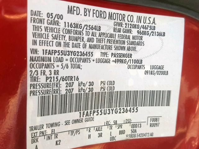 1FAFP55U3YG236455 - 2000 FORD TAURUS SES RED photo 10