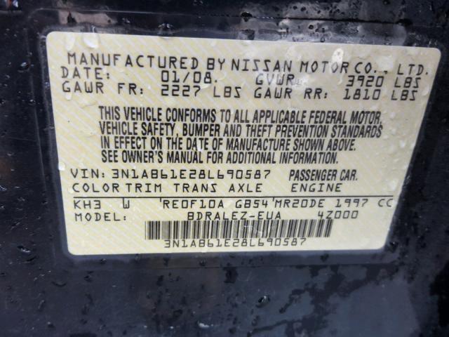 3N1AB61E28L690587 - 2008 NISSAN SENTRA 2.0 BLACK photo 10