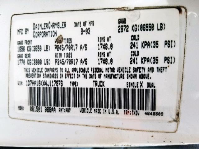 1D7HA16KX4J117976 - 2004 DODGE RAM 1500 S WHITE photo 10