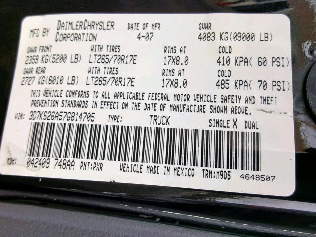 3D7KS26A57G814705 - 2007 DODGE RAM 2500 S Սև լուսանկար 10