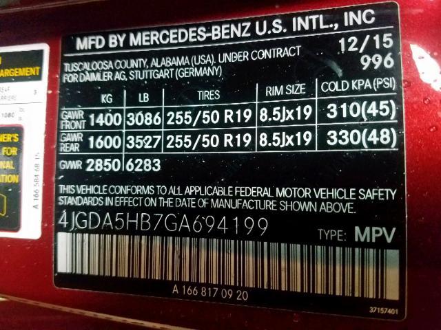 4JGDA5HB7GA694199 - 2016 MERCEDES-BENZ GLE 350 4M BURGUNDY photo 10