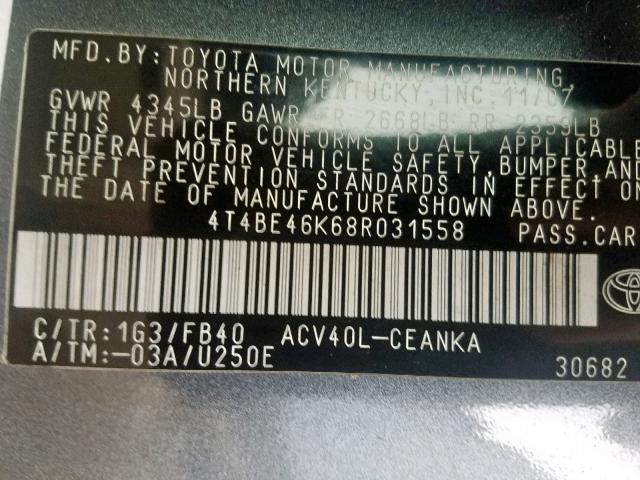 4T4BE46K68R031558 - 2008 TOYOTA CAMRY CE GRAY photo 10