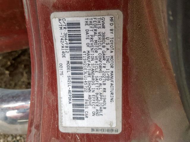 4T1SV21E3LU145722 - 1990 TOYOTA CAMRY DLX 栗色 照片 10