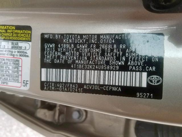 4T1BE32K24U858929 - 2004 TOYOTA CAMRY LE GOLD photo 10