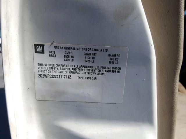 2G2WP522241117112 - 2004 PONTIAC GRAND PRIX WHITE photo 10