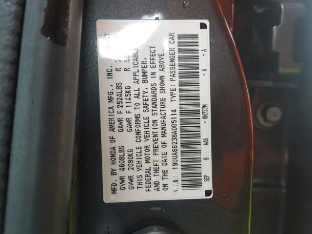 19UUA66238A005114 - 2008 ACURA TL GRAY photo 10