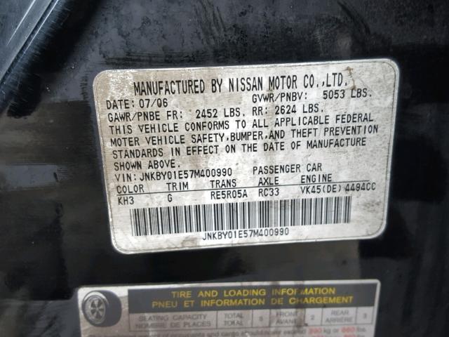 JNKBY01E57M400990 - 2007 INFINITI M45 BASE BLACK photo 10