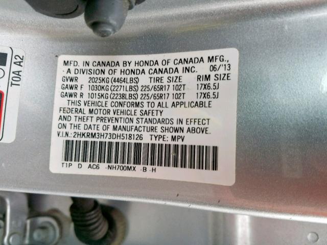 2HKRM3H73DH518126 - 2013 HONDA CR-V EXL GRAY photo 10