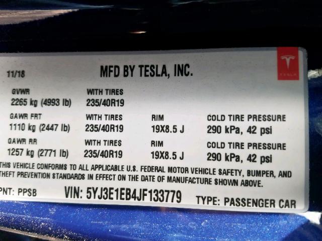 5YJ3E1EB4JF133779 - 2018 TESLA MODEL 3 BLUE photo 10