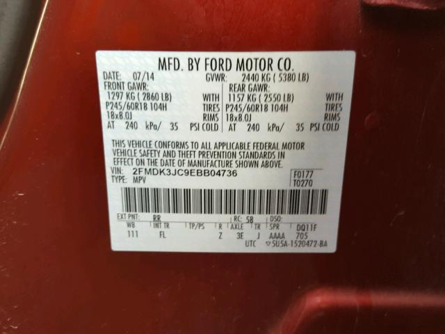 2FMDK3JC9EBB04736 - 2014 FORD EDGE SEL RED photo 10