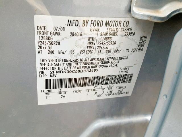 2FMDK39C58BB32493 - 2008 FORD EDGE LIMIT BLUE photo 10