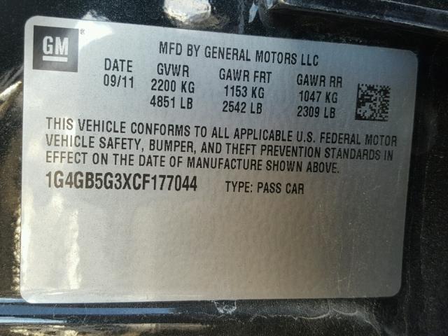 1G4GB5G3XCF177044 - 2012 BUICK LACROSSE C BLACK photo 10