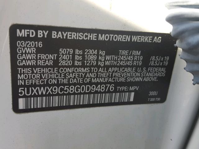 5UXWX9C58G0D94876 - 2016 BMW X3 XDRIVE2 WHITE photo 10