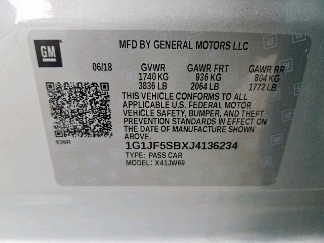 1G1JF5SBXJ4136234 - 2018 CHEVROLET SONIC PREM SILVER photo 10