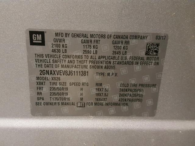 2GNAXVEV8J6111381 - 2018 CHEVROLET EQUINOX PR SILVER photo 10